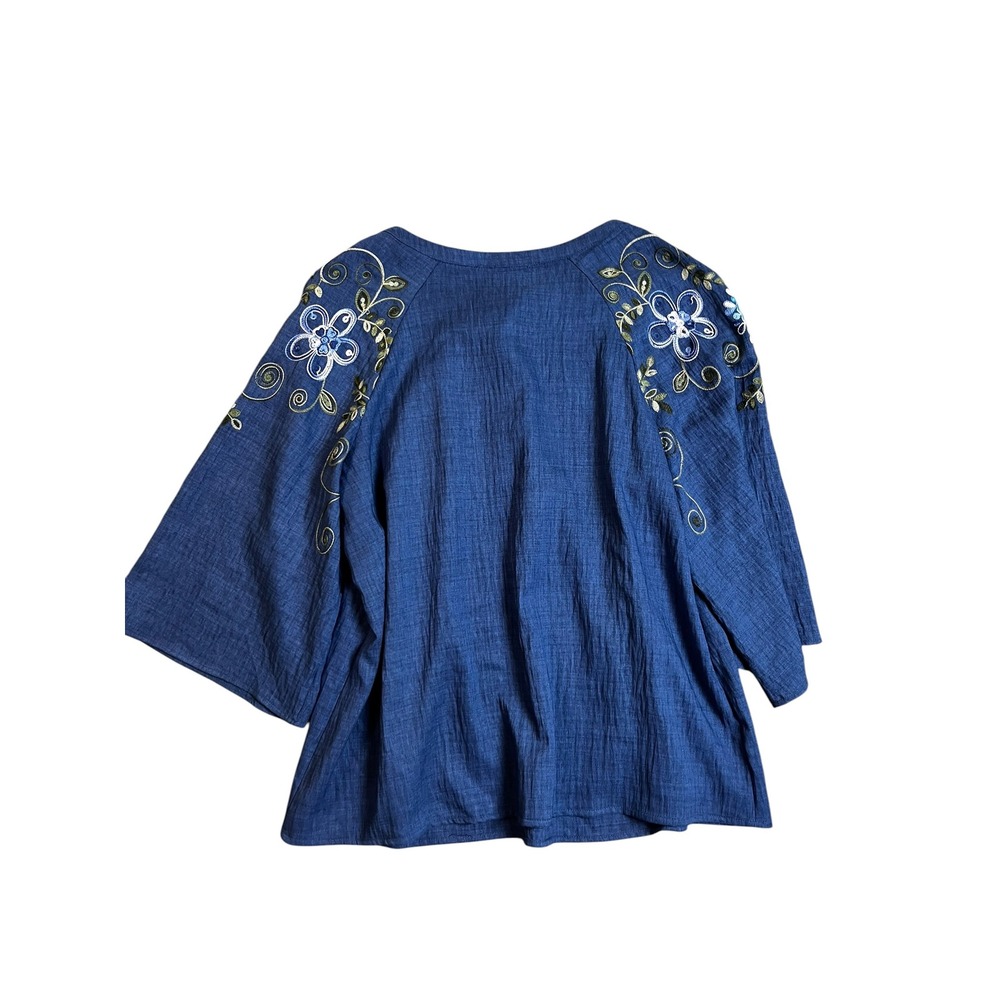 Olivia & Martin Womens 1X Blue Embroidered Floral Sequin Peasant Blouse Tie Neck - Picture 7 of 7